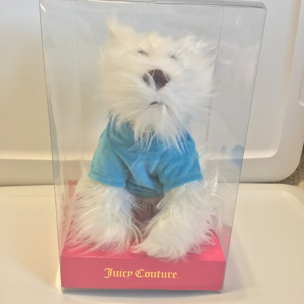 NEW Juicy Couture White Dog Plush Blue Velour Logo Hoodie Approx. 9"